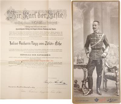 General der Kavallerie Julius(Gyula) Freiherr Nagy von Töbör-Ethe - Konvolut Urkunden und Papiere, - Orders and decorations
