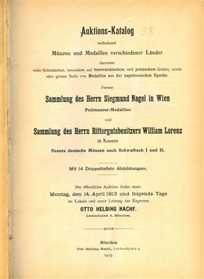 Auktionen Otto Helbing Nachf.14.04.1913 und 08.12.1913, u. a. Freimaurermedaillen Slg. Nagel Wien - Monete