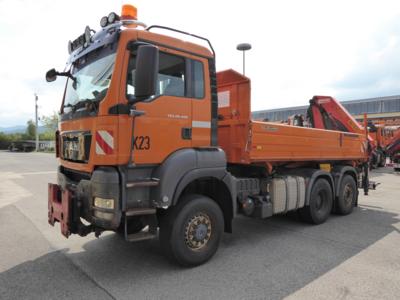 LKW "MAN TGS 28.400 6 x 4-4 BL Automatik" mit Heckladekran "Palfinger PK20002" und Aufsatzstreuer, - Macchine e apparecchi tecnici