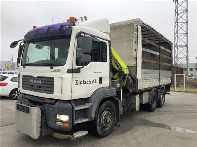 LKW "MAN TGA 26.430 6 x 4 H-2-BL (Euro4)" mit Frontkran "Palfinger PK27002D" und Ladebordwand "Zepro Z150-155 MA", - Cars and vehicles