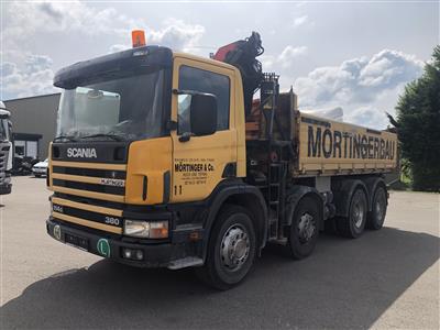 LKW "Scania P114 GB8X4NZ 380 8 x 4 (Euro 3)" 3-Seitenkipper "Feitzinger" und Ladekran "Palfinger PK11502", - Fahrzeuge und Technik