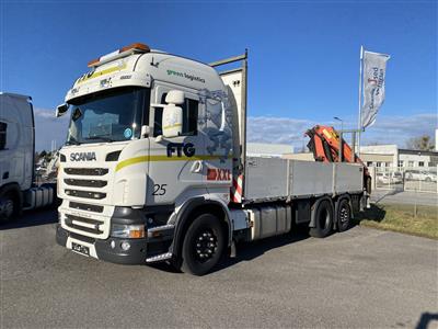 LKW "Scania R500 LB 6 x 2 4HNB Automatik (Euro 5)" mit Pritschenaufbau und Heckladekran "Palfinger PK 26002-EH", - Cars and vehicles