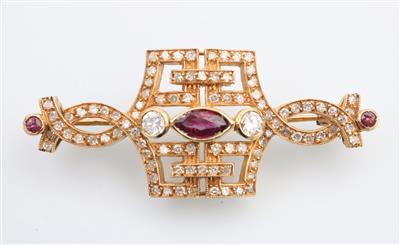 Diamant Rubin Brosche zus. ca.1,20 ct - Juwelen und Schmuck