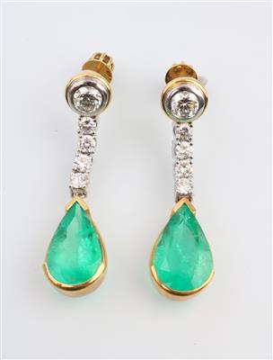 Smaragd Brillantohrschraubengehänge zus. ca. 13,00 ct - Jewellery and watches
