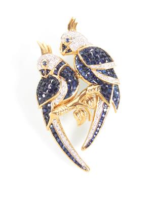 "Papageien" Brillant Saphir Brosche zus. ca. 0,85 ct - Kunst, Antiquitäten und Schmuck