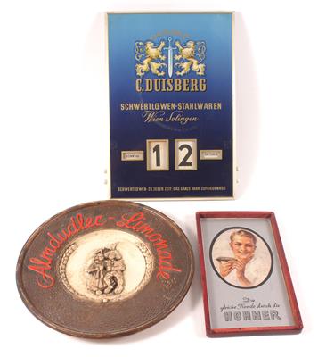 2 Werbeschilder/1 Kalender mit Werbelogo - Antiques, art and jewellery