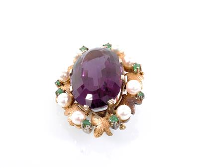 Amethyst/Smaragd/Kulturperlen Brosche - Arte, antiquariato e gioielli