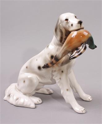 Jagdhund mit Erlegtem, Wiener Kunstkeramik, Marke Keramos, - Porcellana, vetro e ceramica