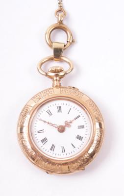 Damentaschenuhr/Anhängeuhr, Uhrkette/Halskette - Arte e antiquariato