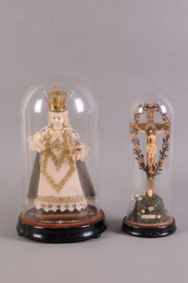 2 Wachsfiguren unter Glassturz, Ende 19./ Anfang 20. Jhdt., - Schmuck, Kunst & Antiquitäten