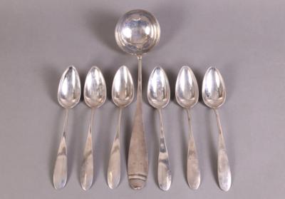 Biedermeier Suppenschöpfer, 6 Suppenlöffel, 1. Viertel 19. Jhdt., - Argento