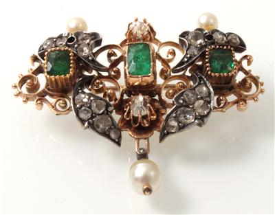 Diamant-Smaragd Brosche - Arte, antiquariato e gioielli
