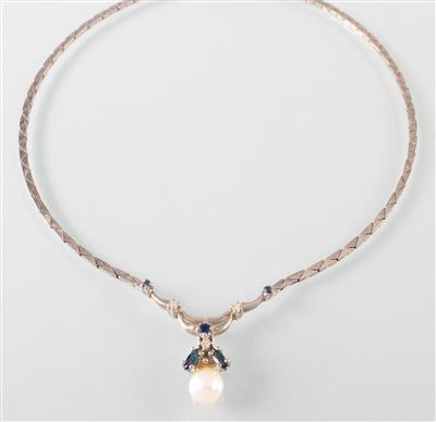 Saphir Diamantcollier mit Kulturperle - Kunst, Antiquitäten und Schmuck