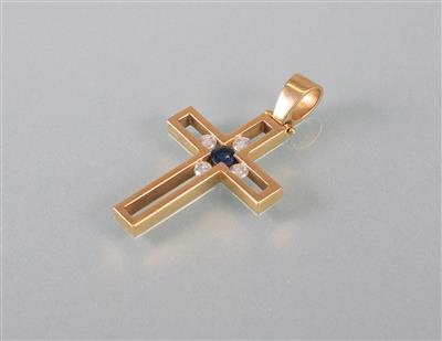 Saphir Brillantkreuz zus. ca. 0,40 ct - Arte, antiquariato e gioielli