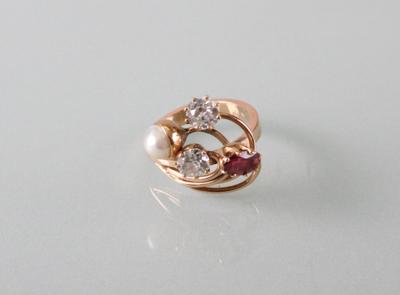 Kulturperlen Rubin Diamantring zus. ca.1,20 ct - Arte, antiquariato e gioielli