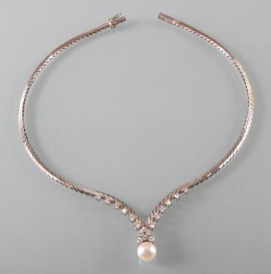 Brillantcollier zus. ca. 1 ct mit Kulturperle - Kunst,Antiquitäten und Schmuck