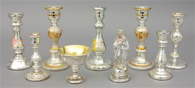 7 Kerzenleuchter, 1 Aufsatzschale, 1 Madonnenfigur 19./20. Jh. - Arte, antiquariato e gioielli