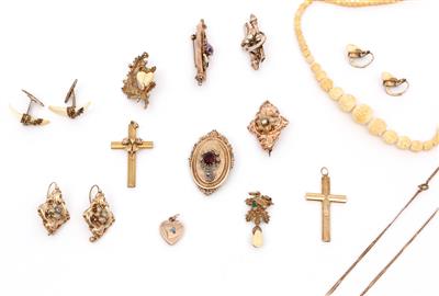 2 Halskette, 4 Anhänger, 5 Broschen, 4 Ohrschmuck um 19. Jh. - Antiques, art and jewellery
