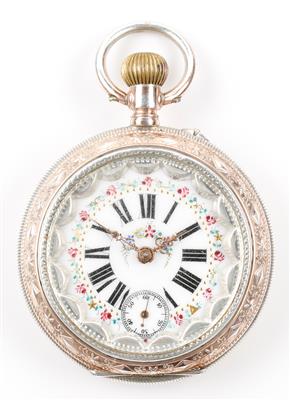 1 Taschenuhr, 1 Doubleuhrkette, 1 Medaillon mit Goldmontierung, 1 Chatelaine um 19. Jh. - Arte, antiquariato e gioielli