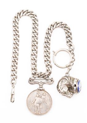 Uhrkette mit 2 Angehängen "Petschaft-Pferdekopf, Medaille" - Umění, starožitnosti, šperky