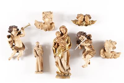 2 musizierende Engel, 2 Skulpturen "Madonna mit Kind", "Hl. Antonius", 1 Paar Engelsköpfe, 1 Engeldoppelkopf - Kunst, Antiquitäten und Schmuck online auction