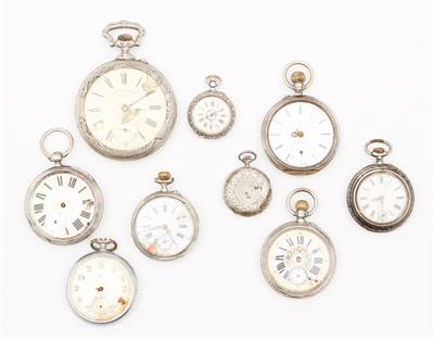 9 Taschenuhren, 2 Übergehäuse, ca. 10 Uhrketten mit diversen Angehänge - Antiques, art and jewellery