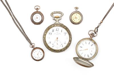 5 Taschenuhren, unter anderem Doxa, 2 Uhrketten - Arte, antiquariato e gioielli