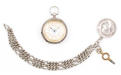 Schlüsseltaschenuhr an Uhrkette mit Münzanhänger - Schmuck und Uhren