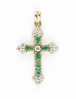 Brillant Smaragd Kreuzanhänger zus. ca. 1,60 ct - Schmuck und Uhren