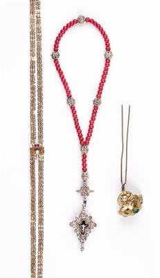 1 Schuberkette, 1 Rosenkranz, 1 Hutnadel, um 1900 - Jewellery and watches