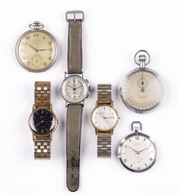 3 Armbanduhren Bifora, Numa, But, 1 Stoppuhr Hanhart, 2 Taschenuhren Lanco, Arsa - Jewellery and watches