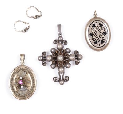 1 Medaillon, 1 Anhänger, 1 Kreuz, 2 Ohrringe tlw. um 1900 - Gioielli