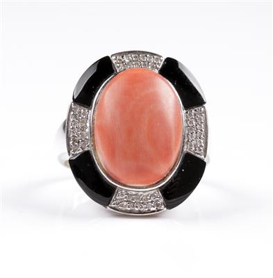 Diamant Korallen Onyxring im Stile des Art Deco - Jewellery