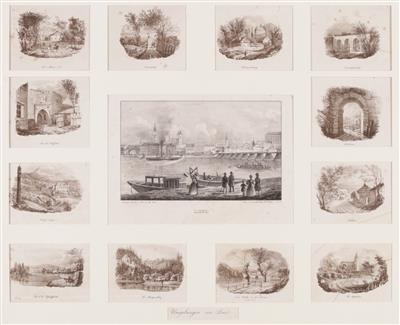 13 Graphiken mit Ansichten von Linz, 19. Jahrhundert - Dipinti