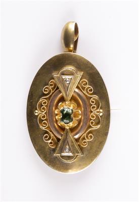 Ovale Diamant Smaragdbrosche/Anhänger um 1900 - Schmuck und Uhren