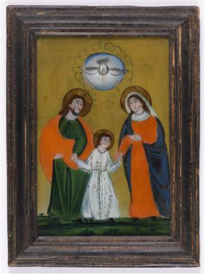 Hinterglasbild "Heilige Familie mit Heilig-Geist-Taube", frühes Sandl, Oberösterreich, 19. Jahrhundert - Arte e antiquariato