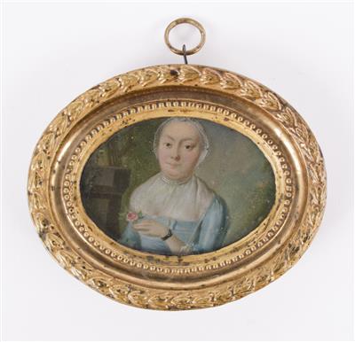 Miniaturportrait einer Dame mit Rose, 18. Jahrhundert - Kunst & Antiquitäten