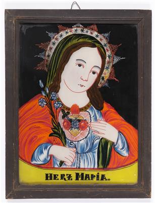 Großes Hinterglasbild "Herz Maria", Sandl in Oberösterreich, 19. Jahrhundert - Kunst & Antiquitäten