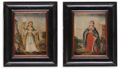 Paar Heiligenbilder: Hl. Barbara  &  Hl. Katharina, 19. Jahrhundert - Dipinti