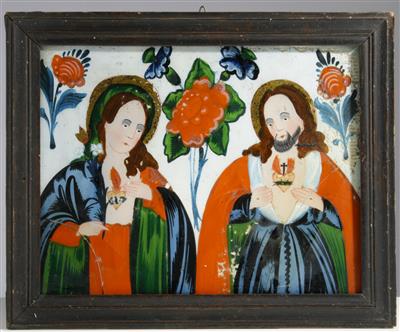 Hinterglasbild "Hl. Maria und Christus mit brennenden Herzen", Sandl in Oberösterreich, 19. Jahrhundert - Antiques and art