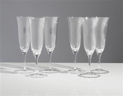 Sechs Champagnerflöten, Entwurf Josef Hoffmann, um 1917, Fa. J.  &  L. Lobmeyr, Wien - Kunst, Antiquitäten & Weihnachtskrippen