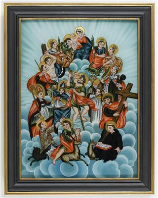 Hinterglasbild, "Gemeinschaft der Heiligen im Wolkenhimmel", Elisabeth Traxl, Oberösterreich, 20. Jahrhundert - Antiques and art