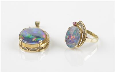 Brillant Opal Rubin Schmuckset, Brillanten zus. ca. 0,60 ct - Jewellery and watches