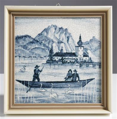 Bildplatte "Schloss Orth im Traunsee", Entwurf wohl Ernst Huber (Wien 1895-1960) für Schleiss Gmunden - Umění a starožitnosti