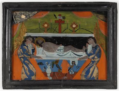 Großes Hinterglasbild "Grablegung Christi", frühes Sandl, 1. Hälfte 19. Jahrhundert - Kunst & Antiquitäten