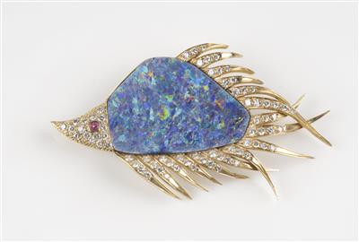 Brillant Opalbrosche "Fisch" Brillanten zus. ca. 1,60 ct - Jewellery and watches