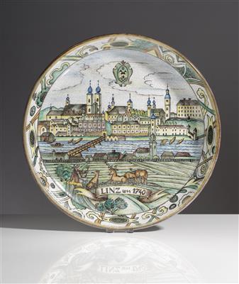 Wandteller - Schale "Linz um 1740", Schleiss Gmunden, Mitte 20. Jahrhundert - Umění a starožitnosti