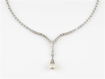 Brillant Diamant Kulturperlen Collier, zus. ca. 1,00 ct - Klenoty a Hodinky