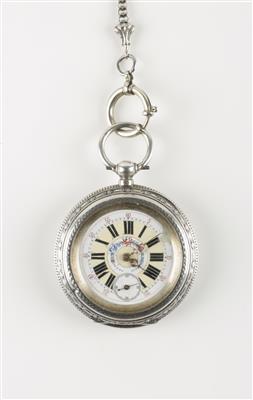 Schlüssel Taschenuhr mit Uhrkette, um 1900 - Klenoty a Hodinky