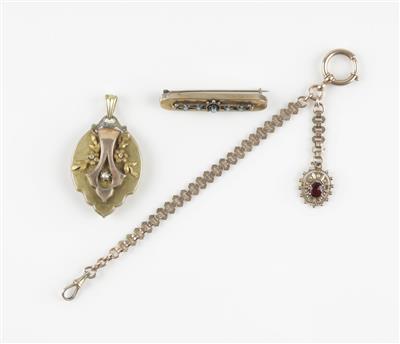 1 Medaillon, 1 Broche, 1 kurze Uhrkette, um 1900 - Jewellery and watches